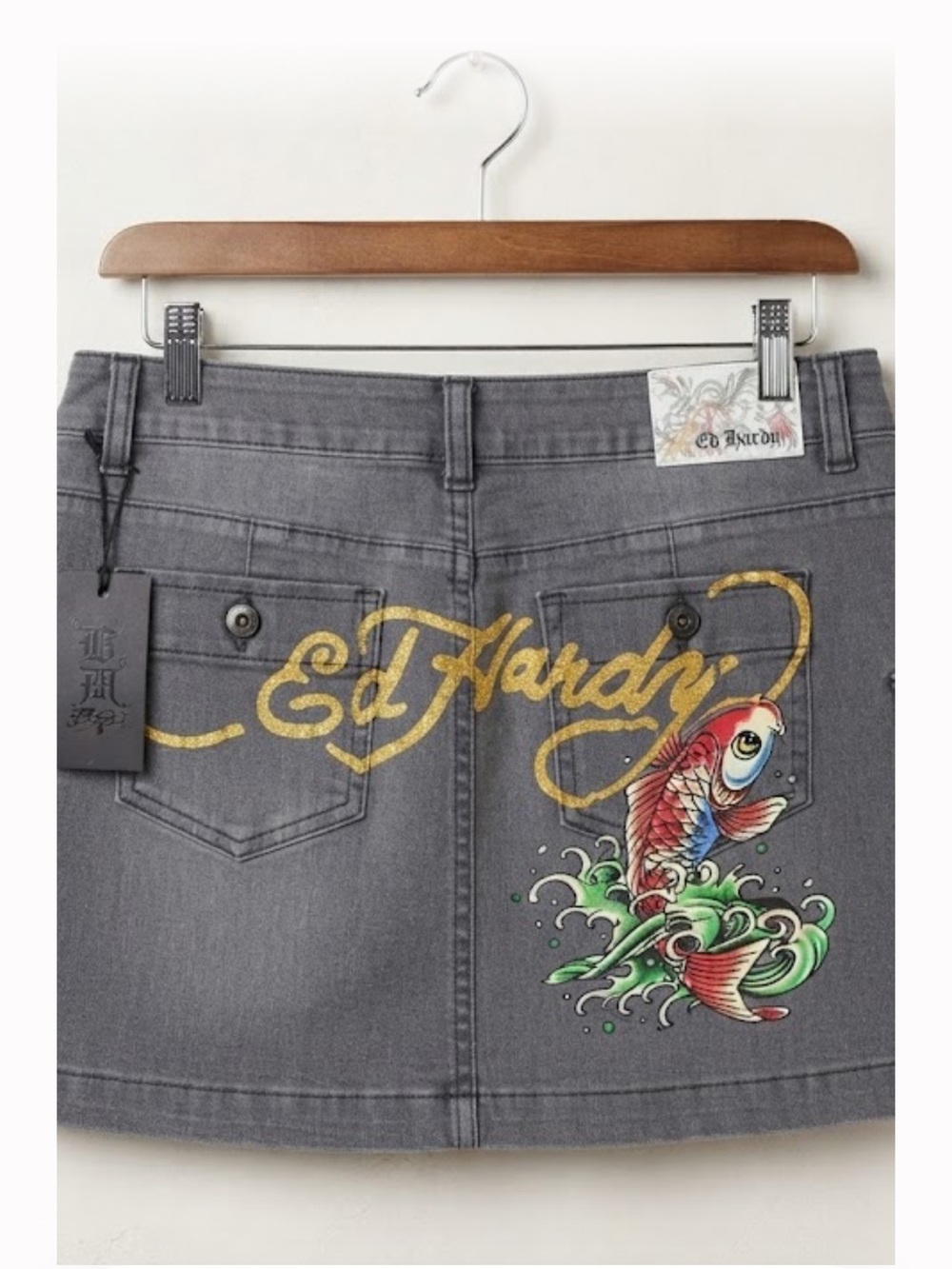 NWT Ed Hardy Grey Denim Cargo Mini Skirt L 32 Koi Fish Tattoo Graphic Print Y2K